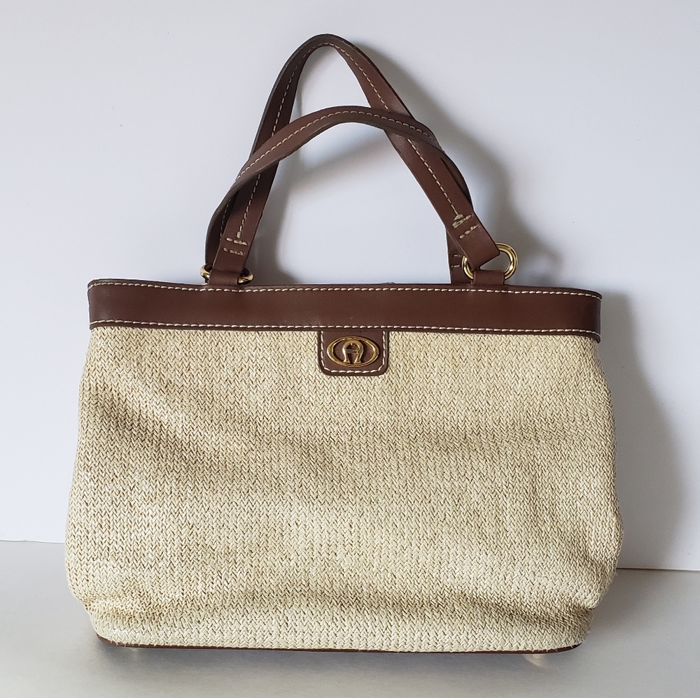 Etienne Aigner Straw Basket Handbag Purse Rattan W brown Accents Gold hardware
